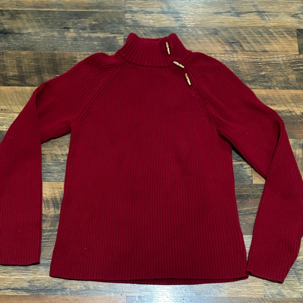 Lauren Ralph Lauren Red Turtleneck Sweater Gold Embellished Buttons